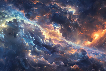 An ethereal celestial scene showcasing colorful nebulae swirling in a deep cosmic canvas, filled with shimmering stars and vibrant hues.