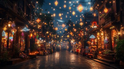 Illuminated night street market with hanging lanterns, shops, and people.