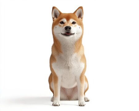 A cheerful Shiba Inu dog sitting upright, showcasing its fluffy orange coat and playful demeanor. - Powered by Adobe