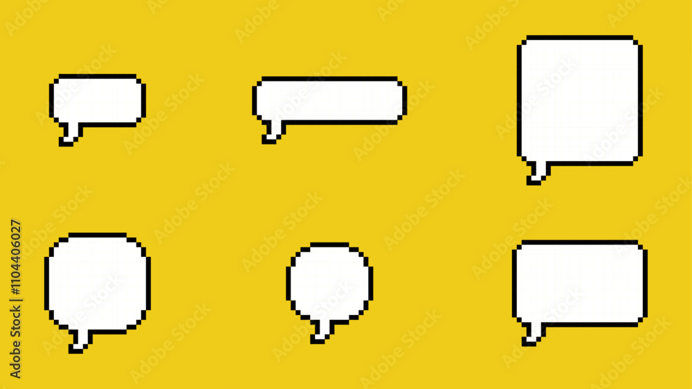 Poster pixelated speech bubble icons in various shapes on yellow background