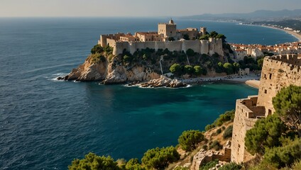 Cliffside fortress overlooking the Mediterranean Sea near a coastal town.