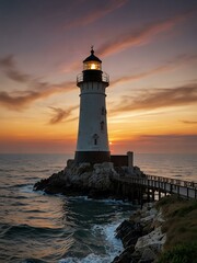 Naklejka premium Cliffside lighthouse against the sea and sunset.