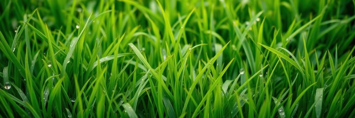 Fototapeta premium Lush green grass texture background with dew drops, vibrant