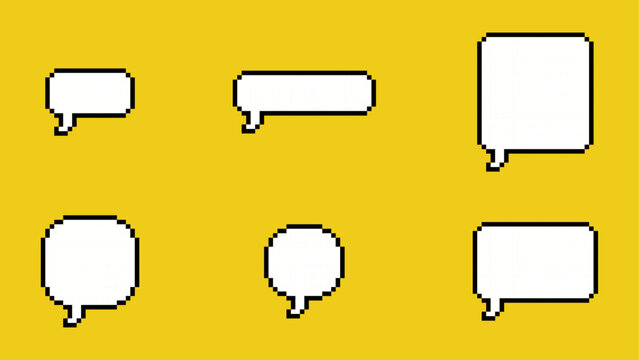 Pixelated speech bubble icons in various shapes on yellow background