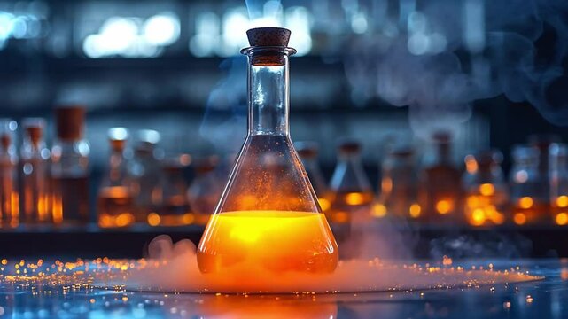 A glowing orange liquid in a laboratory flask amidst a smoky atmosphere