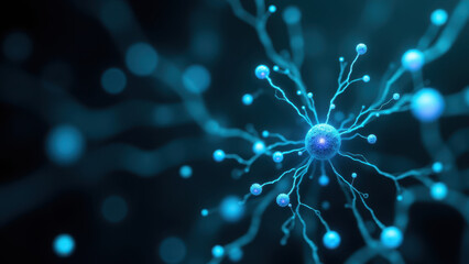 Semaglutide molecule with glowing blue spheres representing atoms or molecules.