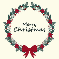 Merry Christmas Holiday card with floral wreath with a bow. Vector illustration