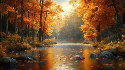 Obraz premium Golden autumn forest scene with calm river.