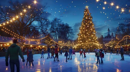 Obraz premium A festive outdoor ice skating rink filled with people enjoying themselves. 