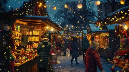 Obraz premium A festive outdoor market scene at night, illuminated by warm string lights. Stalls filled with colorful Christmas decorations, wreaths, and candles. 