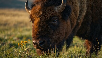 Fototapeta premium Close-up of a bison grazing in the grasslands.