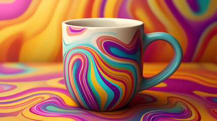 mug, bright colors and kaleidoscopic patterns, playful retro look, 3d illustration. Kaleidoscopic. Illustration