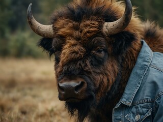 Close-up of a bison in a denim jacket with long horns