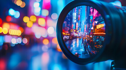 A cinematic close-up of a lens capturing the vibrant city lights of a bustling street, with reflections creating a kaleidoscopic effect. Kaleidoscopic. Illustration