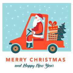 Santa in golf cart. Vector illustration. Christmas card template