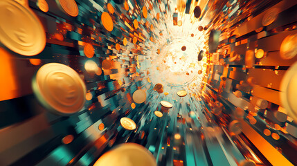 A kaleidoscopic room with flying coins, radiant colors, and patterns symbolizes growth and prosperity. Kaleidoscopic. Illustration