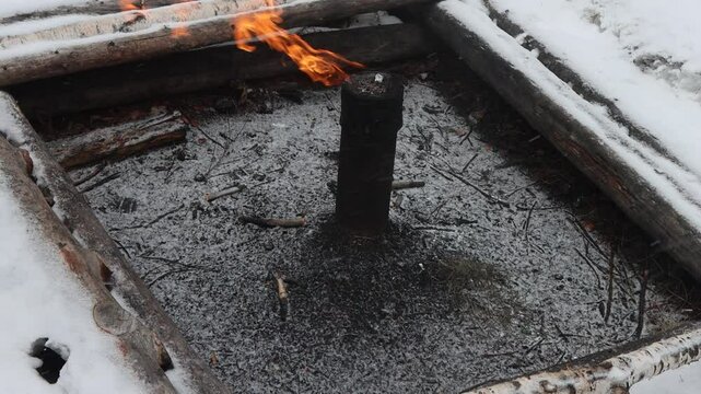 Natural gas burns in pipe. Komi Republic. Gas and oil production. Ukhta is a Russian oil and gas production center. The area belonging to the Gulag of the Soviet Union is a prison camp