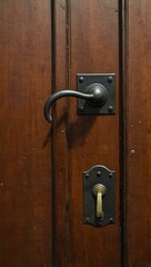 Fototapeta premium Close-up of a brown wooden door with a metal handle.