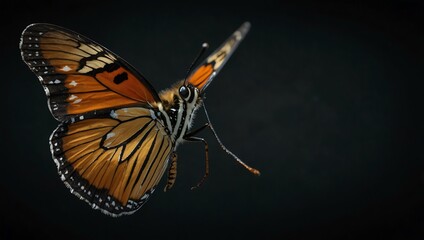Obraz premium Close-up of a butterfly with spread wings on dark backdrop.