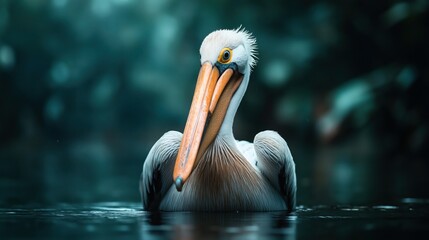Close-up of a pelican with a large orange beak floating gracefully on calm blue water with a blurred natural background.
