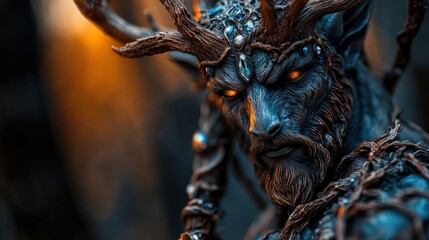 An impressive depiction of a mystical creature adorned with horns, surrounded by nature, showcasing artistic craftsmanship and evoking a sense of mythical wonder.