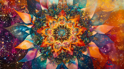 A vibrant burst of colors radiating outward, creating a kaleidoscopic effect that evokes joy and creativity. Kaleidoscopic. Illustration