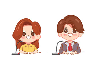 Cute cartoon Asian businesswoman and businessman giving a press conference. Cartoon illustration vector design.