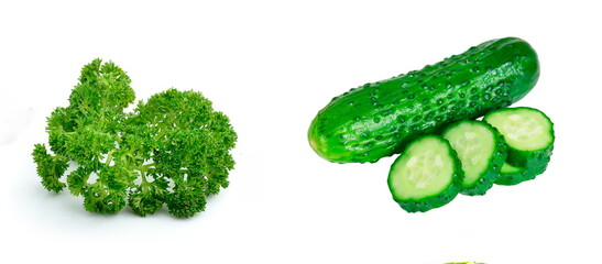 parsley and Prickly cucumbers isolated on white background,  bright green, feathery leaves and a fresh, slightly peppery taste, green vegetables, healthy food, antioxidants,  a healthy diet