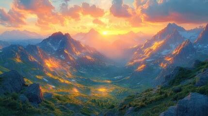 Vibrant sunset illuminating majestic snow-capped mountains and valley.