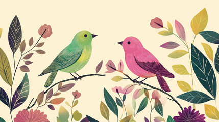Fototapeta premium Zwei stilisierte Vögel zwischen buntem Laub