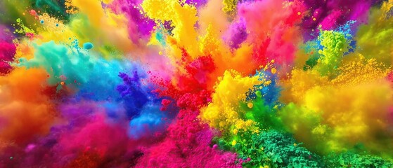 Wide panorama of Holi paint powder in shades of red orange yellow green blue indigo violet , colorful powders, vibrant colors, bright colors