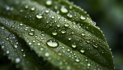 Close-up of a dew-covered green leaf, vibrant and fresh.
