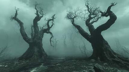 Scary dark forest at night. Halloween background with spooky woods. Vector cartoon illustration of creepy deep forest landscape with tree trunks, grass and stones