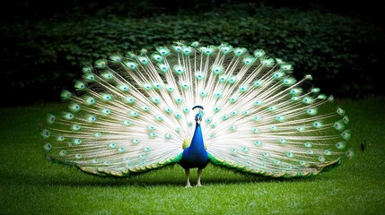 Obraz premium A majestic peacock stands proudly in the lush grass, displaying its brilliant plumage as its head turns gracefully to the side