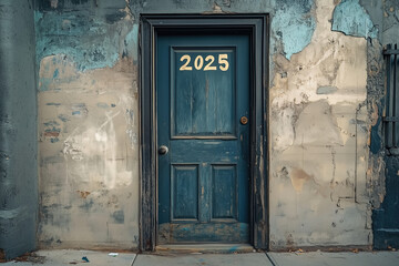 photograph of the number "2025" written on an old door, with peeling paint and a grunge, blue color palette