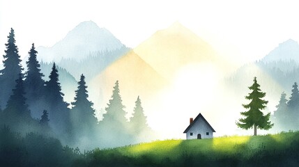 Fototapeta premium Serene mountain landscape illustration, cabin on grassy hill, misty forest background, peaceful nature scene, watercolor style digital art, copy space, tranquil atmosphere, bright sunlight.