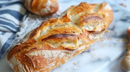 A baguette with a golden-brown crust, freshly baked and resting on a white surface 