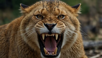 Obraz premium Close-up of a fierce animal with bared fangs, exuding power.