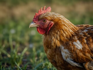 Close-up of a free-range chicken in a field.
