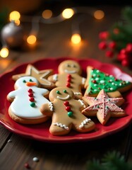 Obraz premium Close-up of an assortment of Christmas cookies with a background of a snowy window and warm, glowing candles, creating a festive holiday atmosphere., snowing outside the window