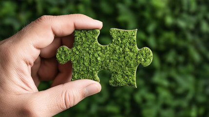 Close-up of a hand holding a green puzzle piece with a leafy texture, suggesting themes of environment and sustainability.