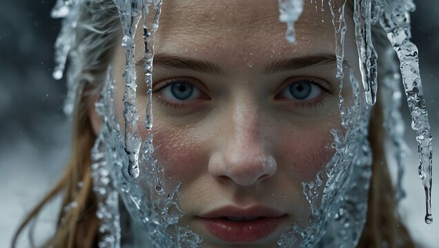 Close-up of a frozen female face covered in ice.