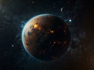 Fototapeta premium Close-up of a glowing planet floating in space with stars.