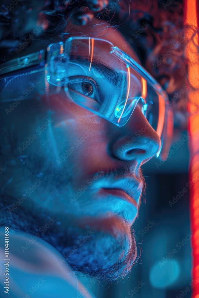 Poster the man is a technologist, looking intently at a holographic display. he is wearing sleek goggles an