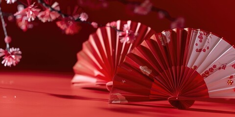 Red Japanese paper fan with cherry blossoms, symbolizing spring and good fortune. Cherry blossoms are a popular motif in Japanese art and literature.