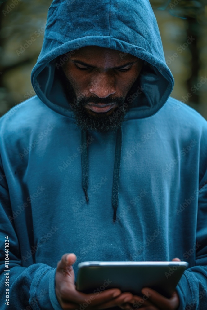 Poster man in hoodie looking at device with focused expression.