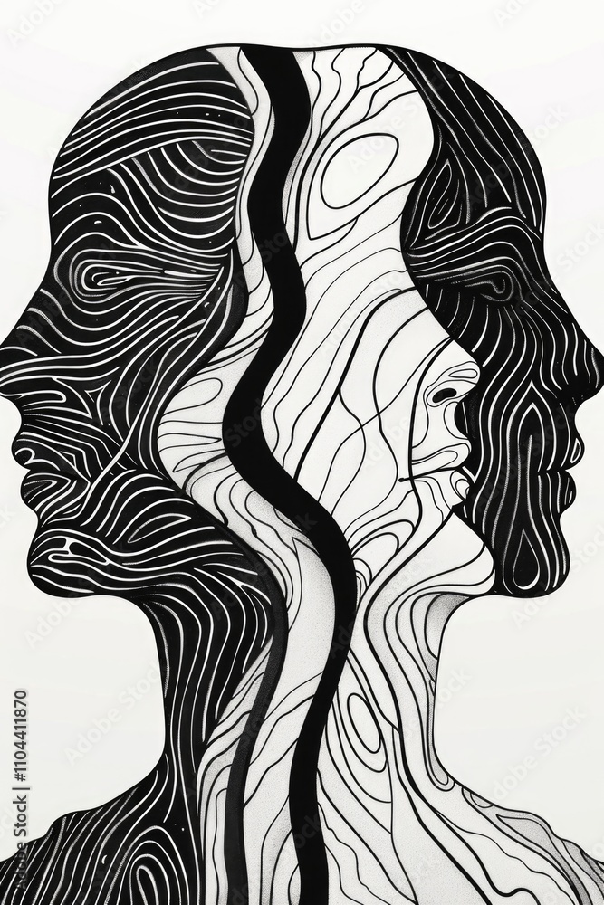 Poster Intricate black and white ink drawing of dual personality or split identity, with abstract elements suggesting a complex fusion of two aspects.