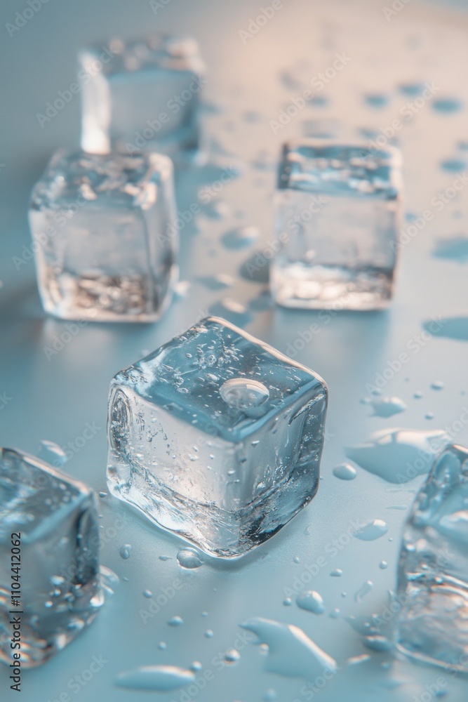 Poster close-up view of cubed ice in water, with droplets on the surface. ice is commonly used for chilling