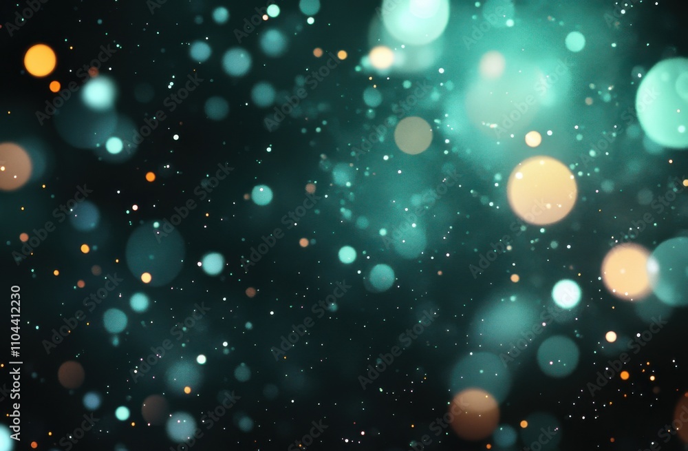 Poster Abstract background with bokeh lights and glowing particles in a color scheme of dark teal green, turquoise, and gold.