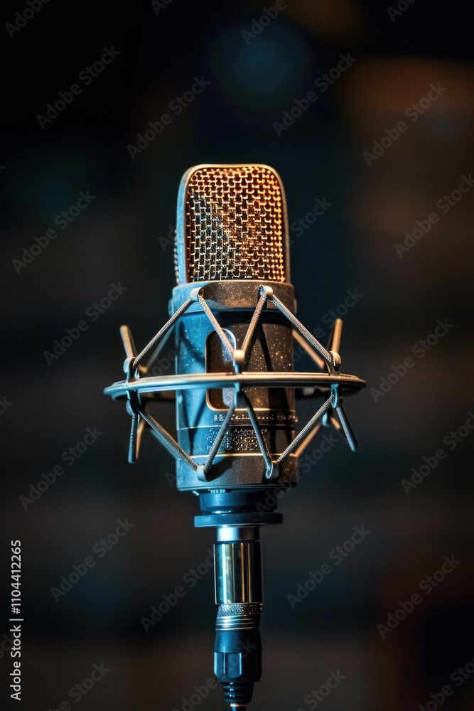 Poster microphone in studio setting with boom arm and pop filter, ready for recording or broadcasting.